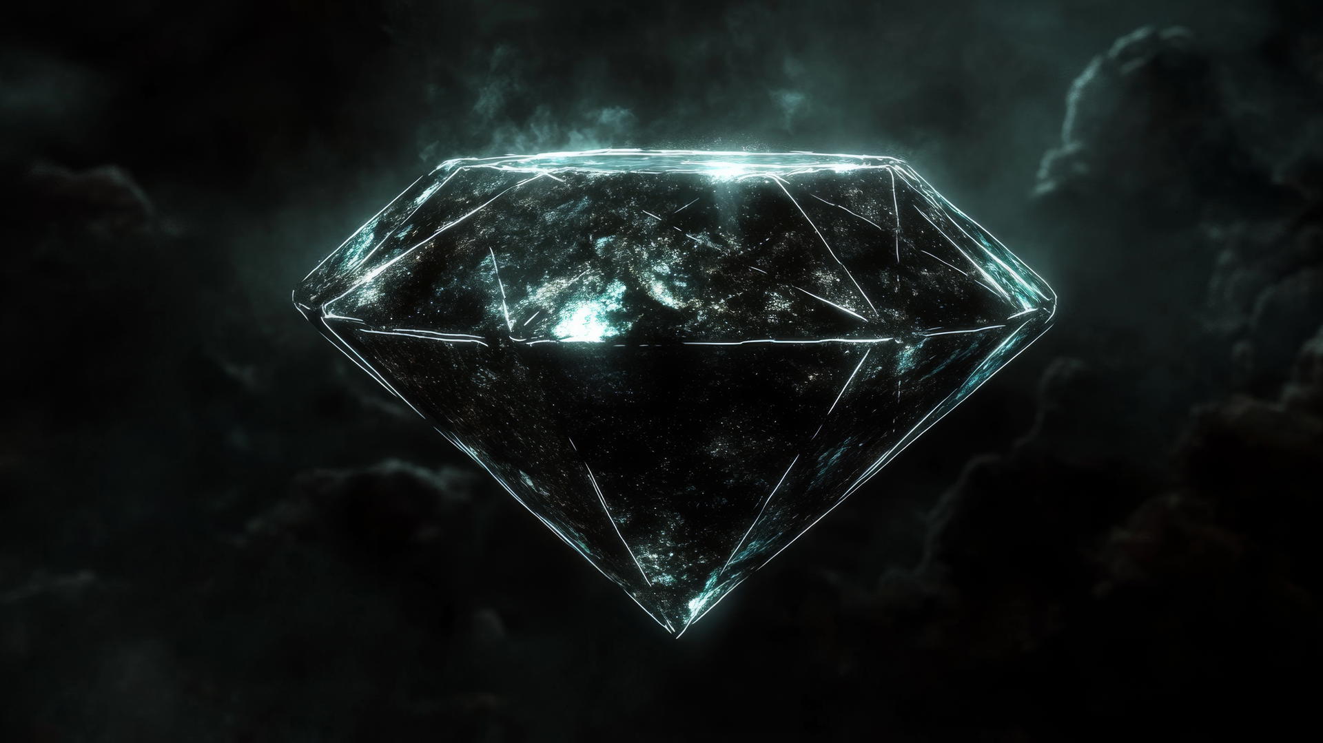 Glowing black diamond hovering in space with neon outlines against black background.