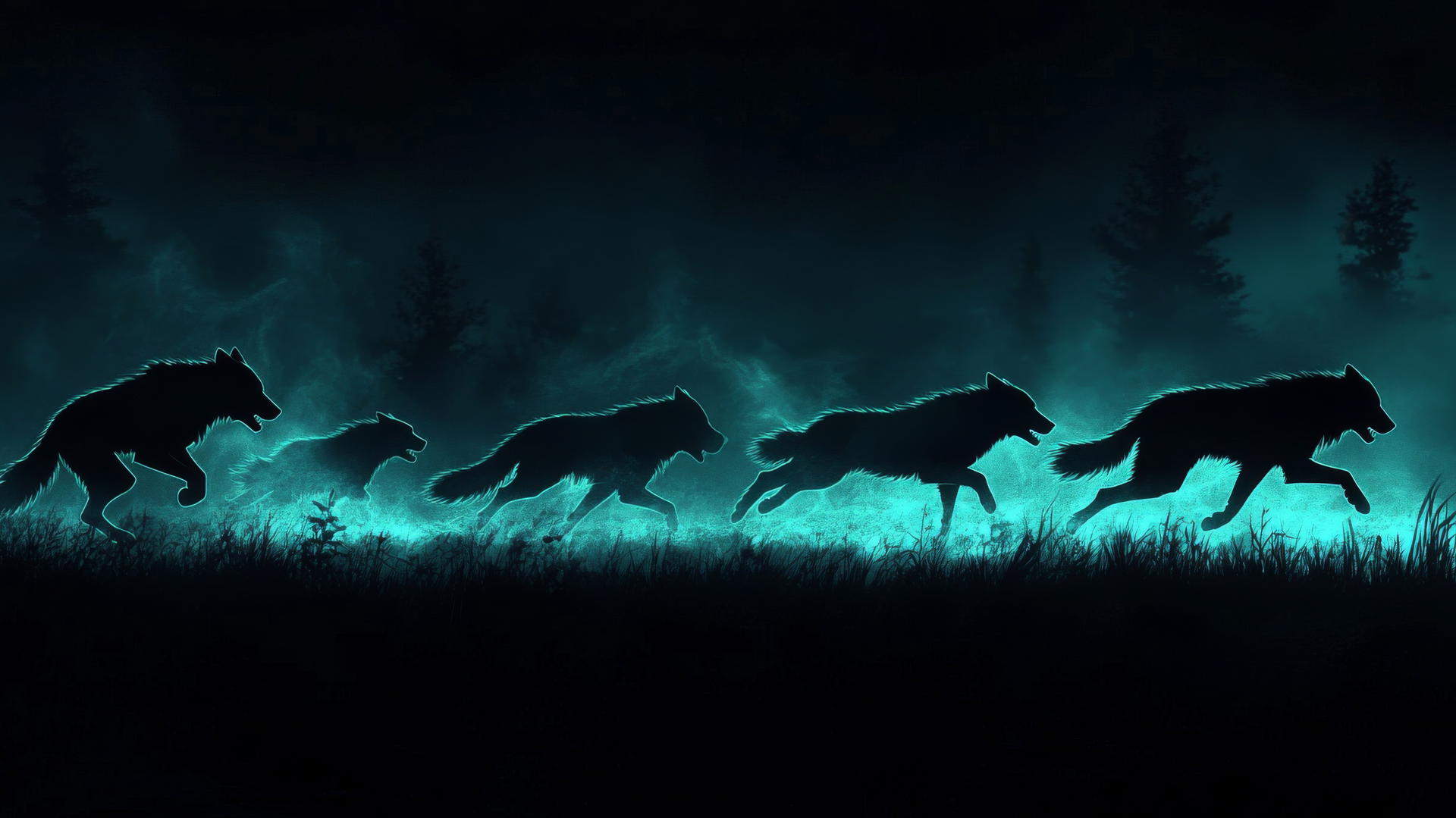 Silhouettes of wolves running across a neon-lit landscape under a night sky