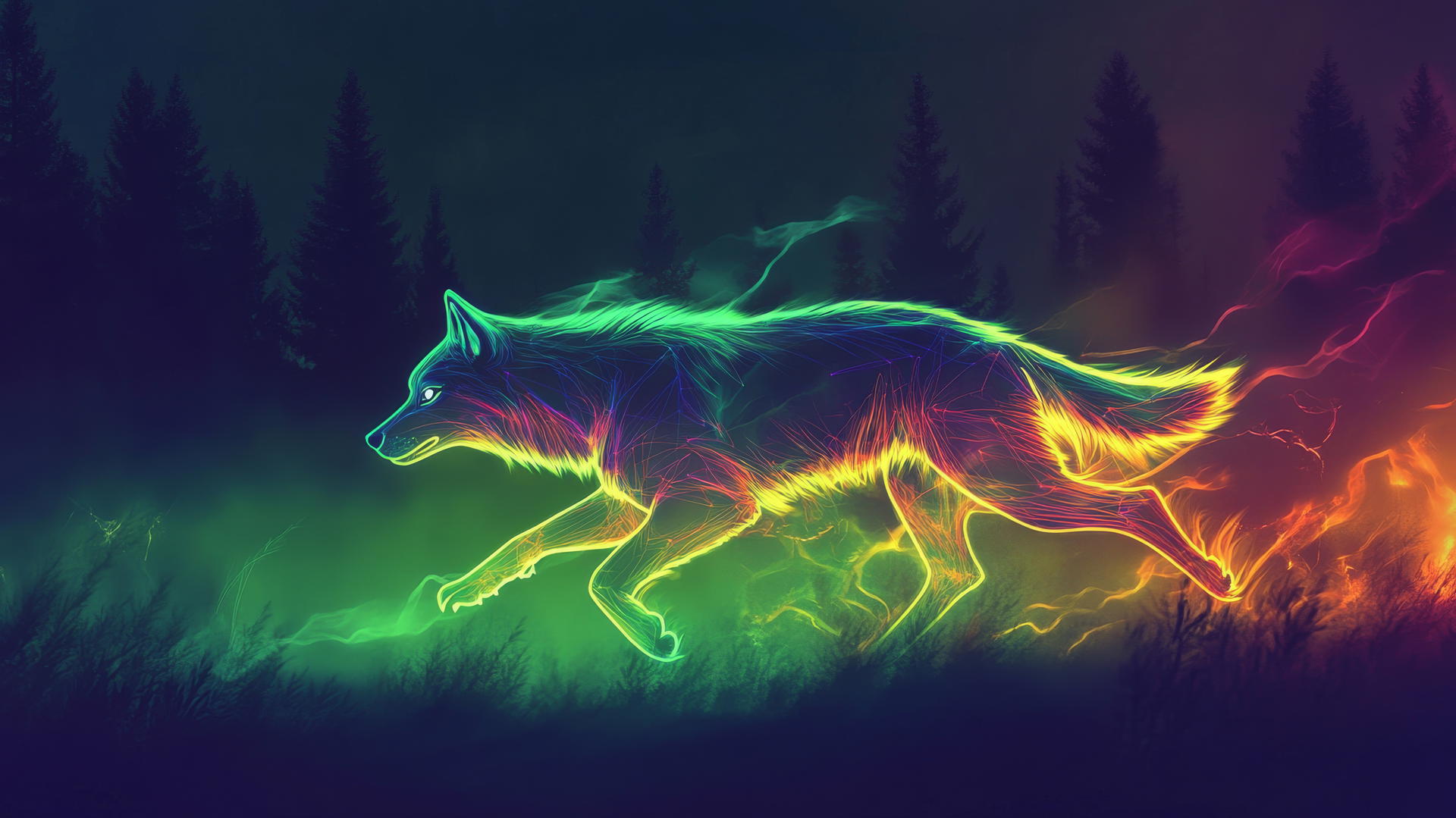 Glowing outline of wolf running through neon forest with illuminated trees