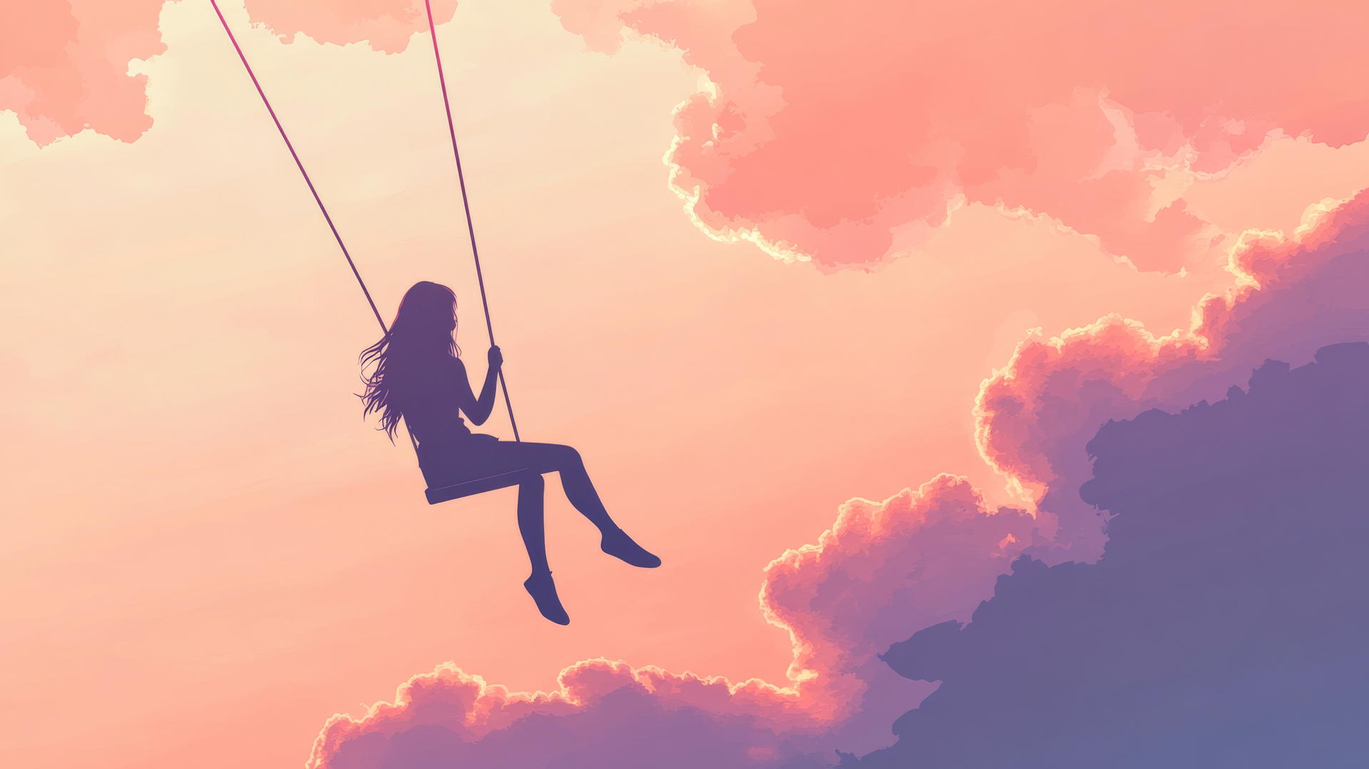 Minimalist vector of a girl on a swing glowing against a pastel sky and geometric clouds.
