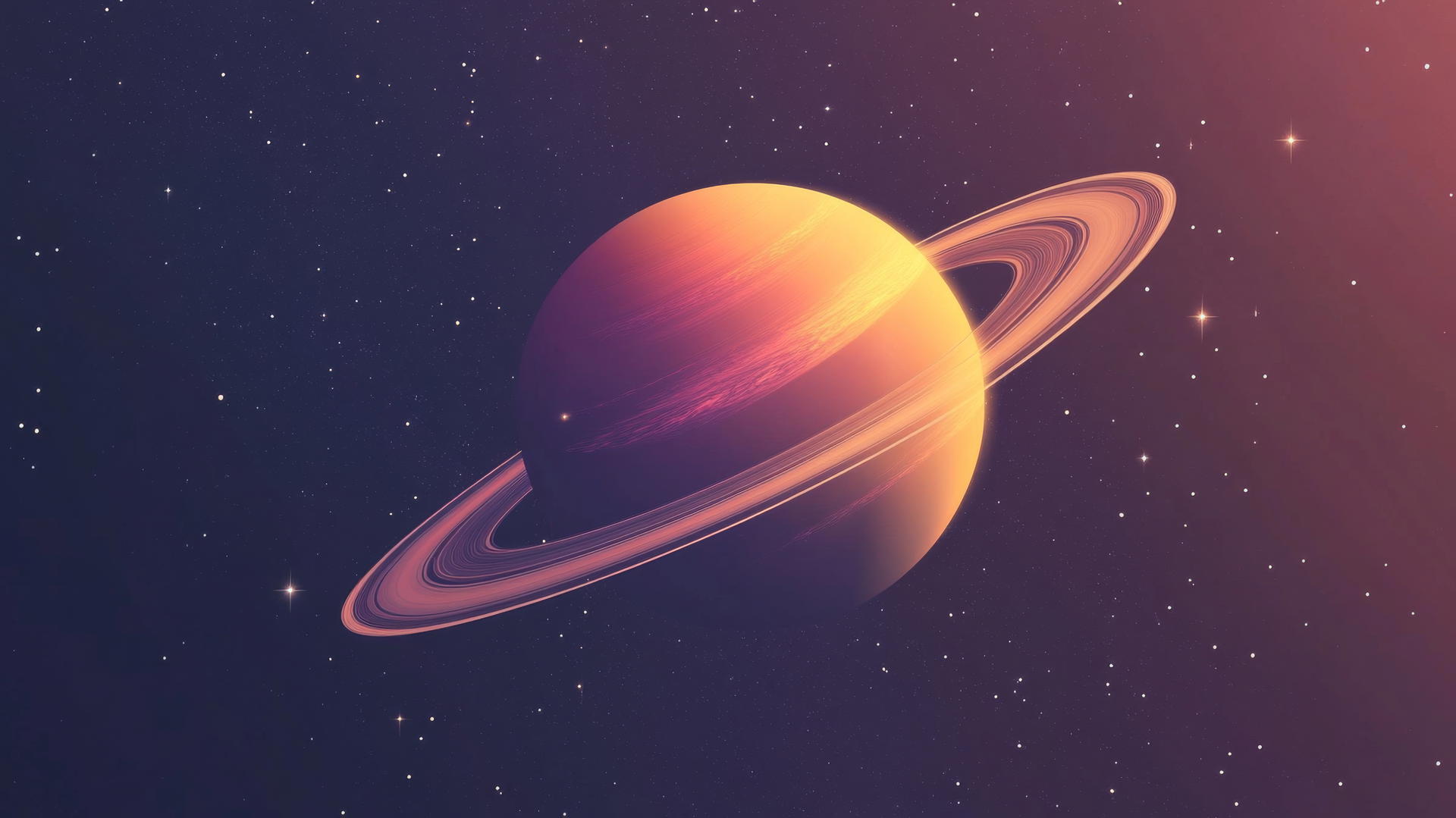 Glowing planet with rings against a dark starry background with scattered stars