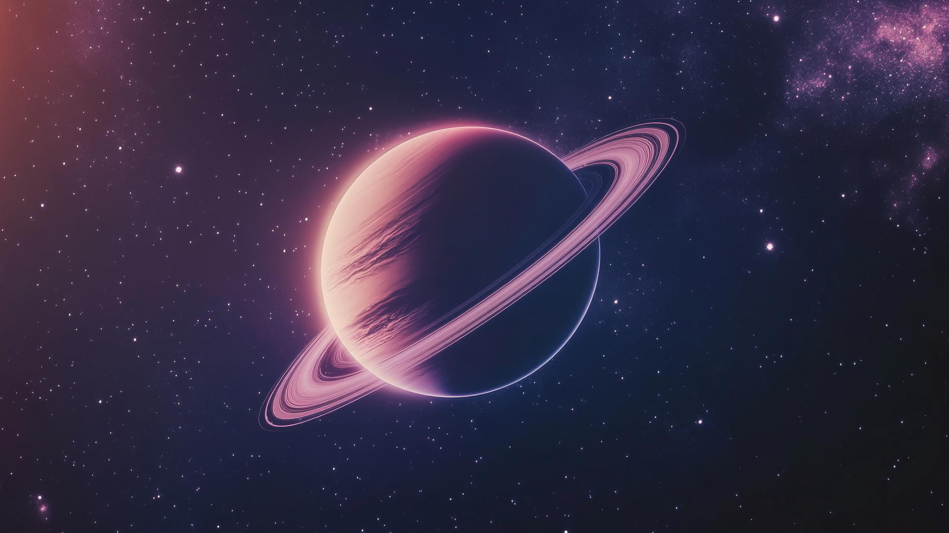 Glowing planet with rings against dark starry background