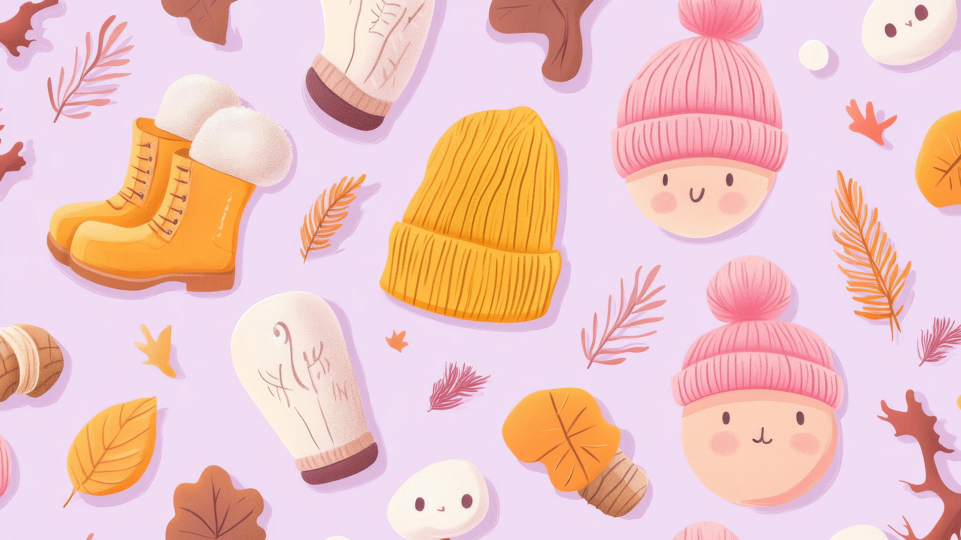 Cozy fall accessories pattern on pastel purple