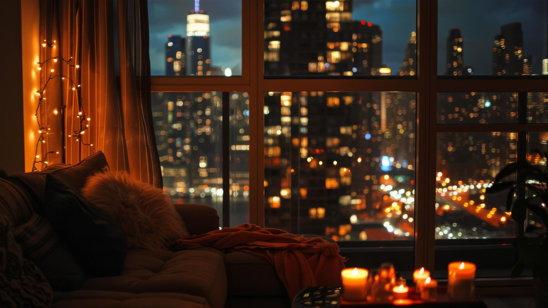 Cozy living room, dim lights, city view through window