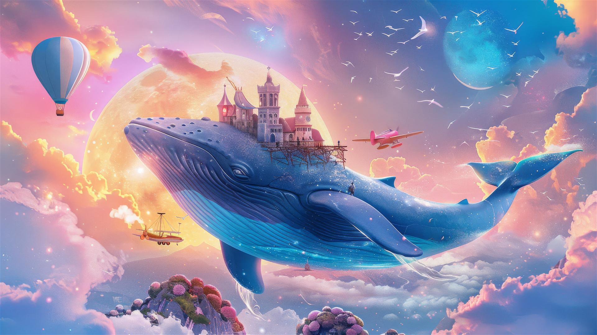 Fantasy scene with whale castle, pastel sky, and vintage airplanes.