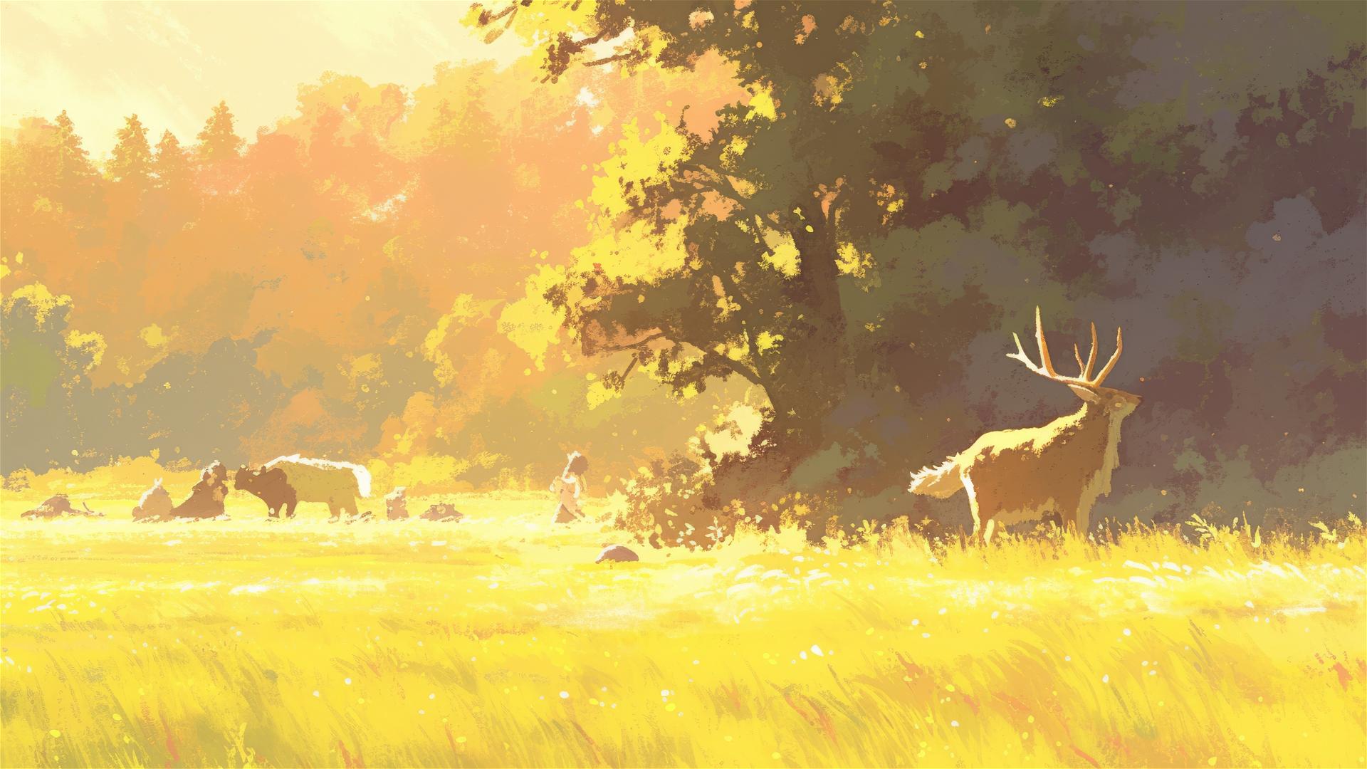 Serene Ghibli-inspired meadow with mythical creatures at sunrise.