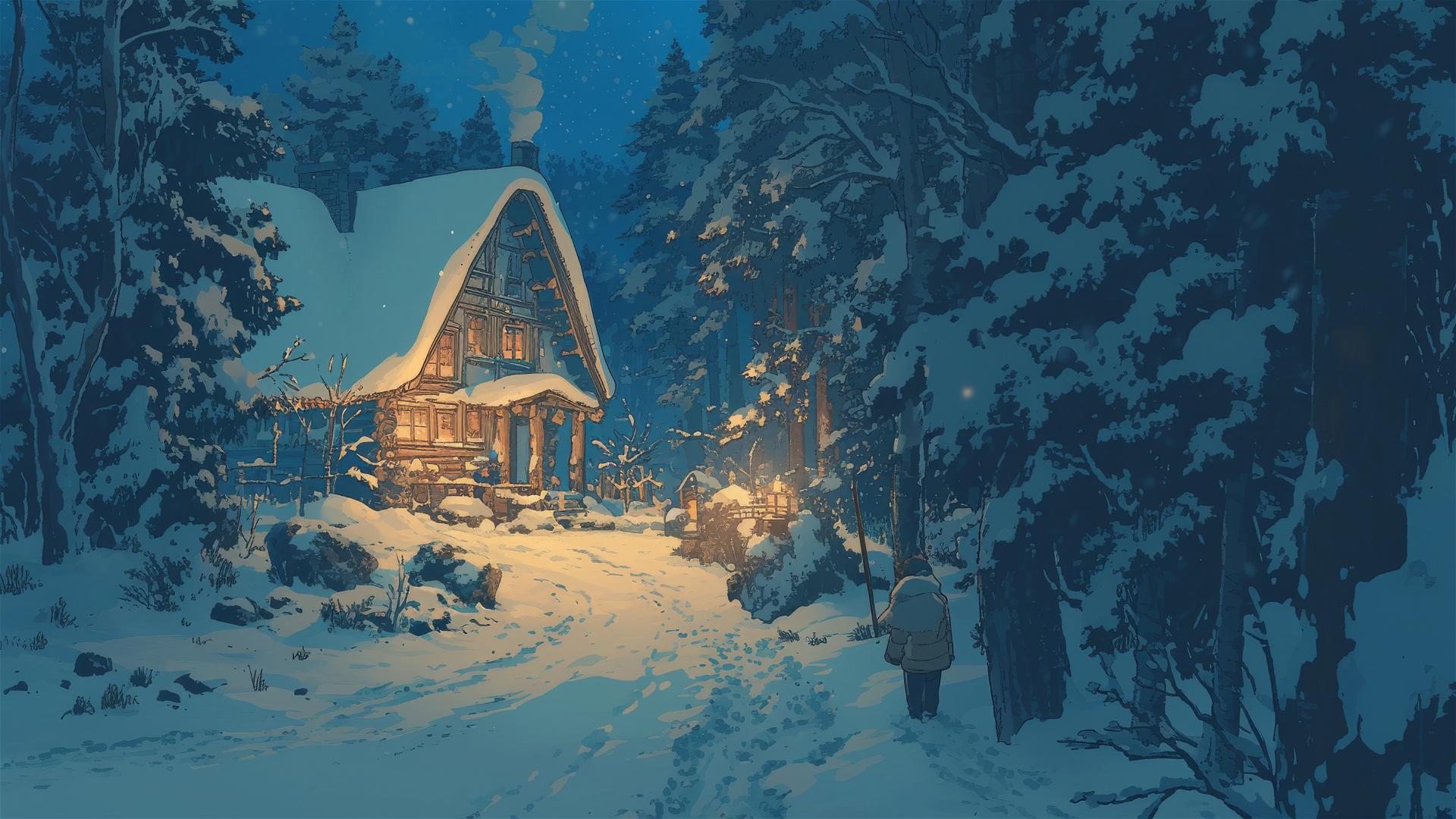 Anime characters in a Ghibli-style winter landscape seeking warmth.
