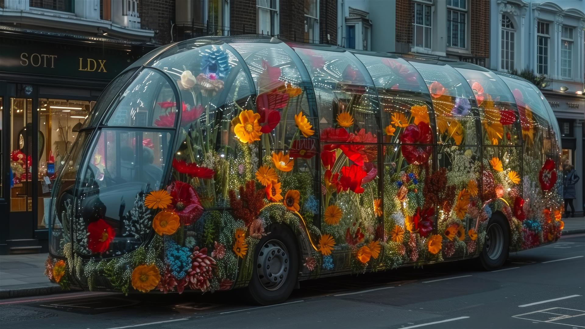 Glass bus with large flowers driving in London streets
