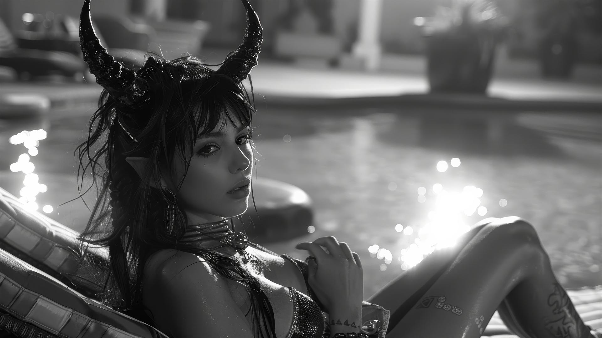 Black and white photo of Asian female demon with horns by a pool in moonlight