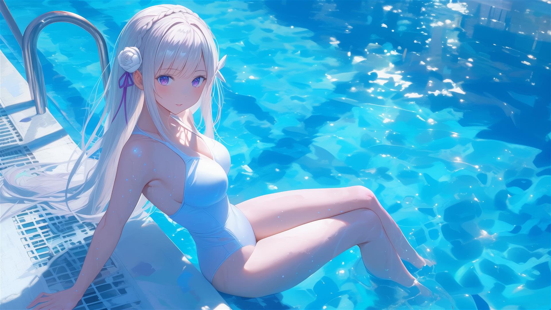 Emilia from Re:Zero resting by the pool in moonlight