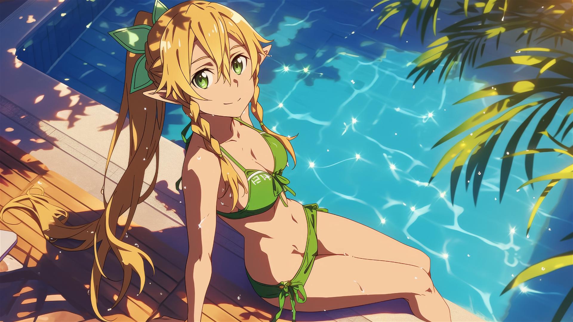 Leafa from SAO standing by pool under moonlight