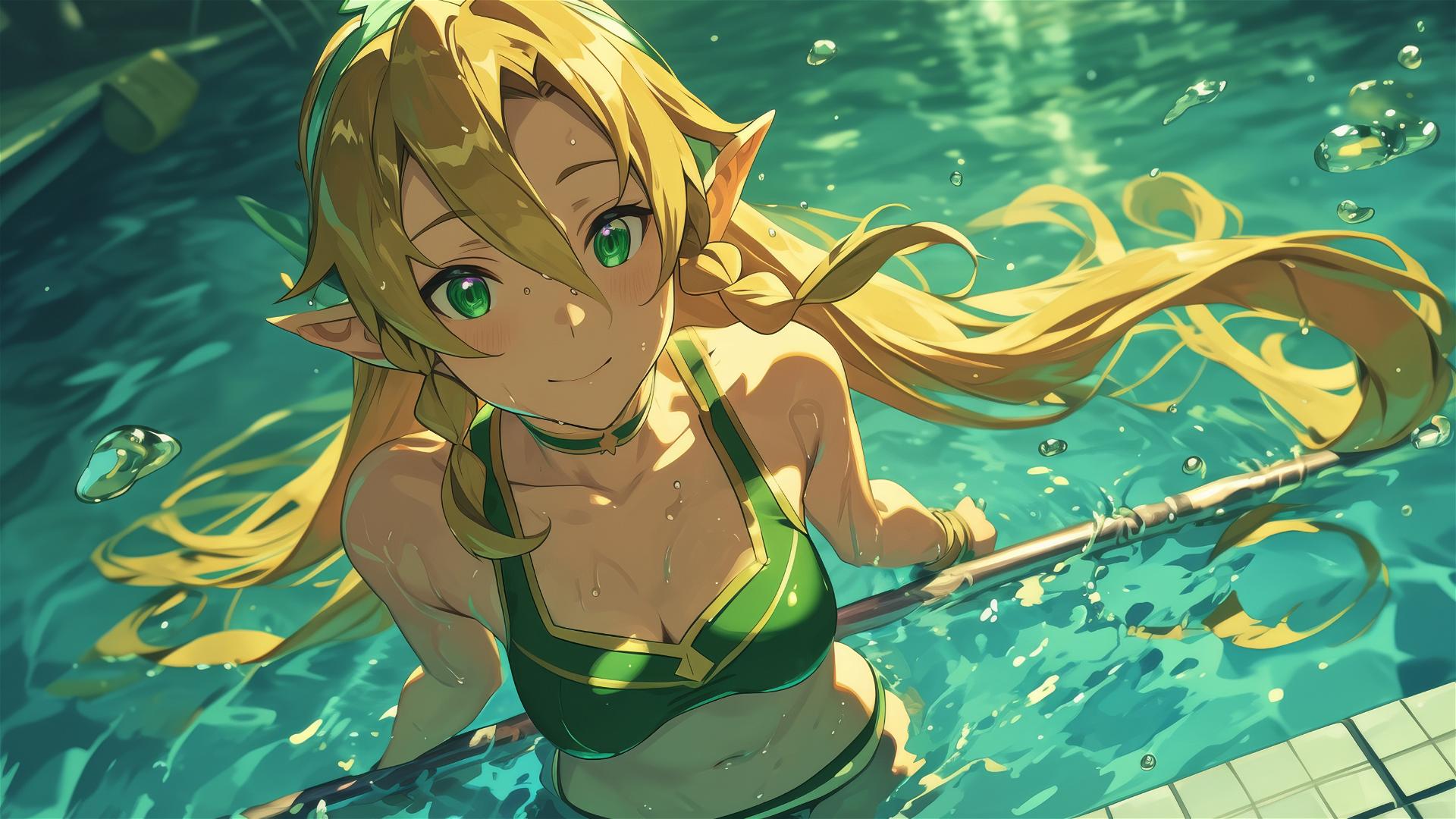 Leafa from SAO swimming in moonlit pool