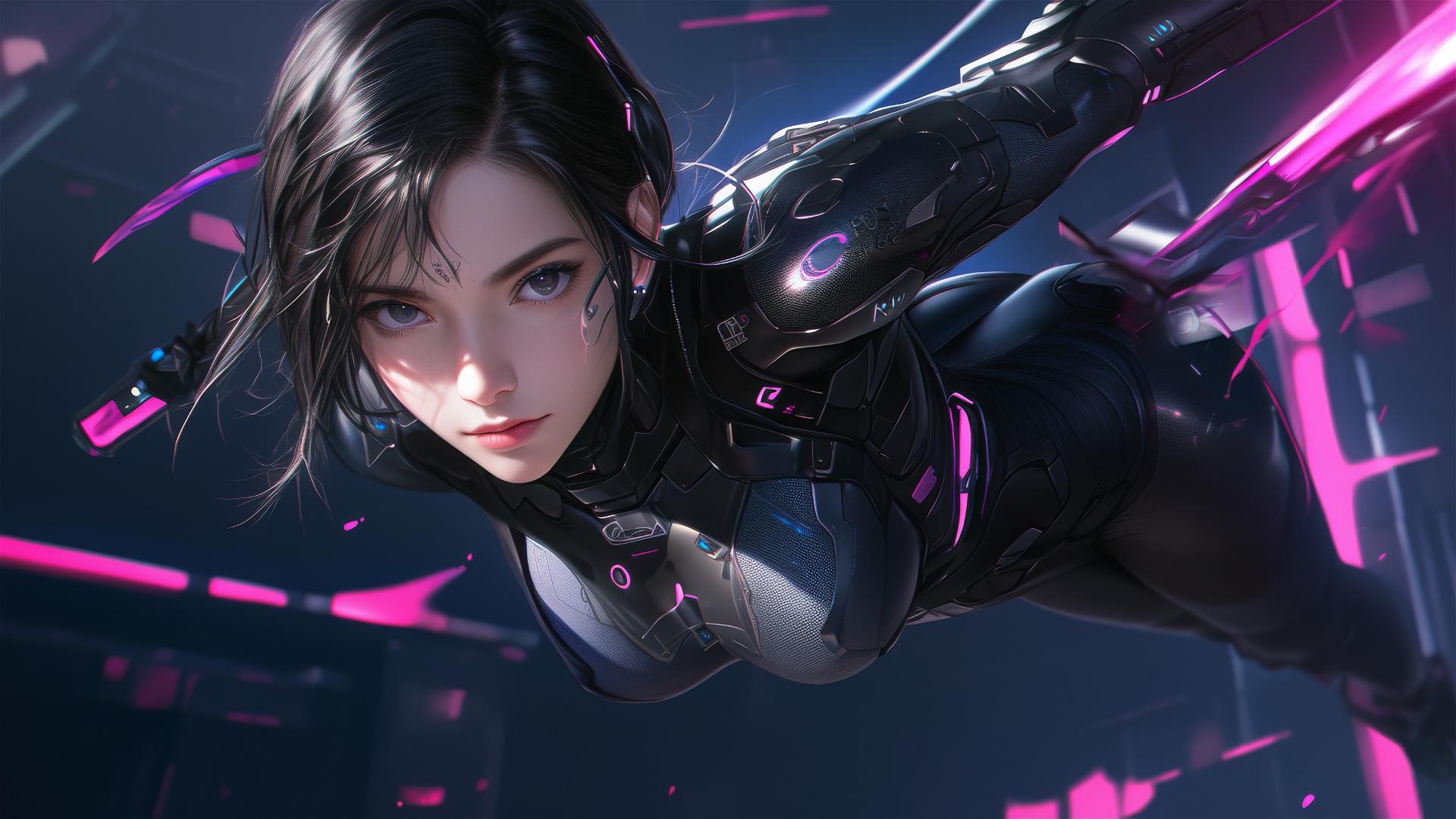 Cybernetic Agent Girl in dynamic pose with thigh focus