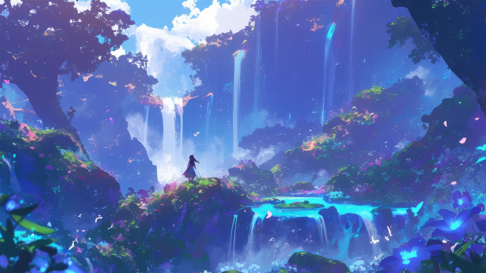 Spectral waterfall into ethereal pond with luminous flowers in mist