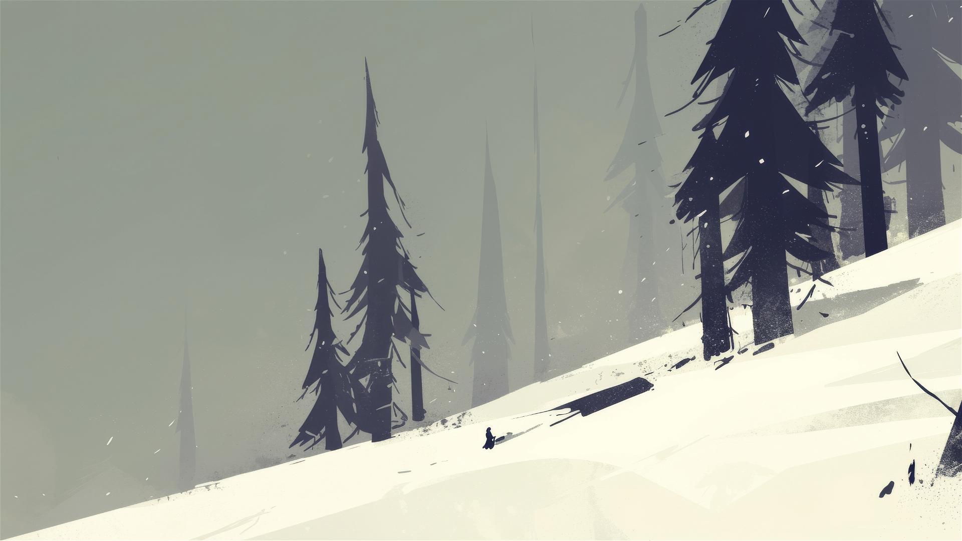 Snow-covered black pines under a charcoal grey sky in a silent, dark winter landscape.