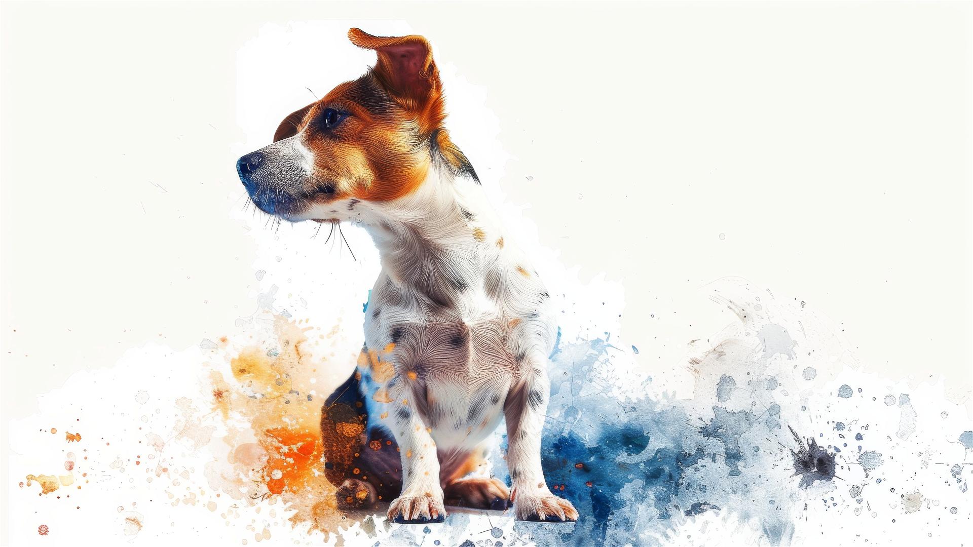 Jack Russell dog sitting, looking right, colorful watercolor background.