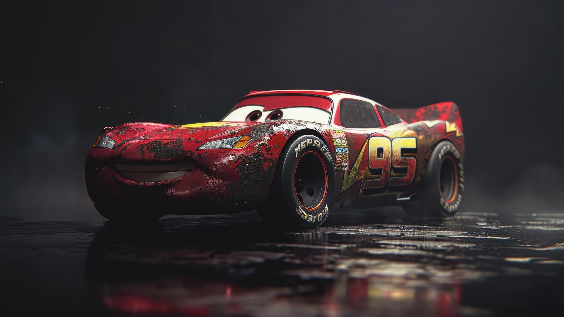 Lightning McQueen in 3/4 view against a dark background, Pixar style.