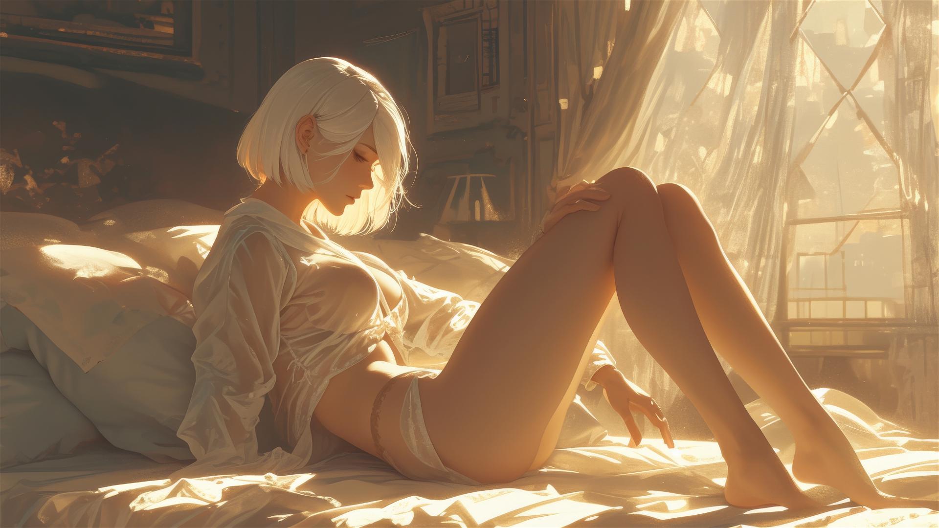 2B from Nier in white silk pajamas resting at sunrise.