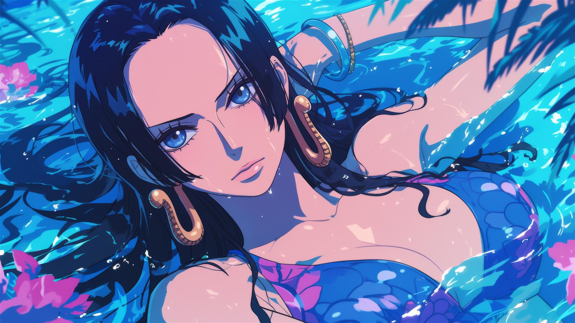 Boa Hancock from One Piece rests by pool in moonlight