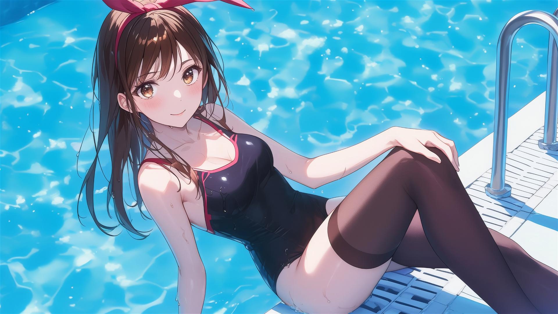 Mizuhara Chizuru relaxing by pool in moonlight