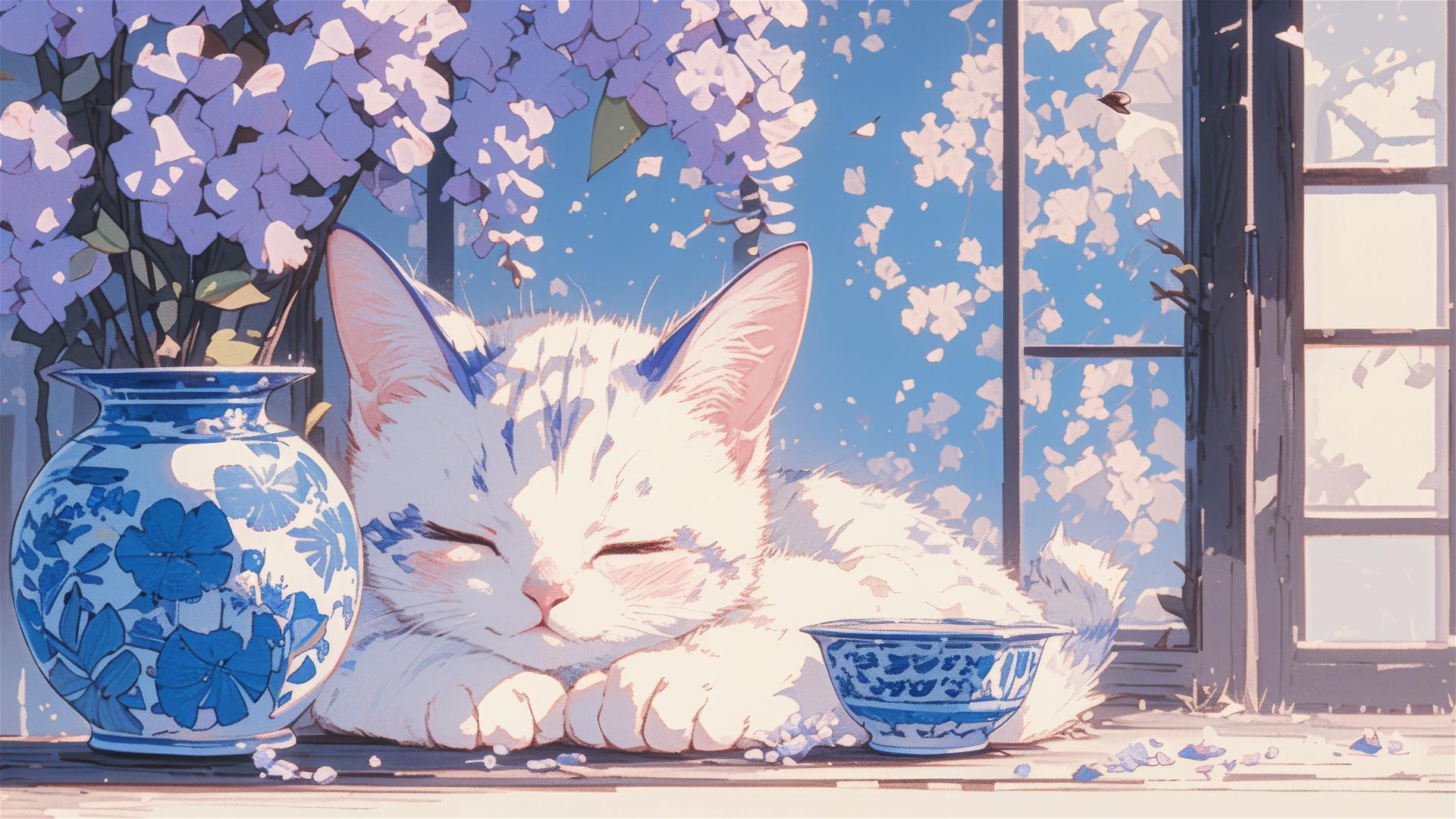 Panoramic colorful Japanese animation style image with a cute sleeping British Shorthair cat surrounded by flowers