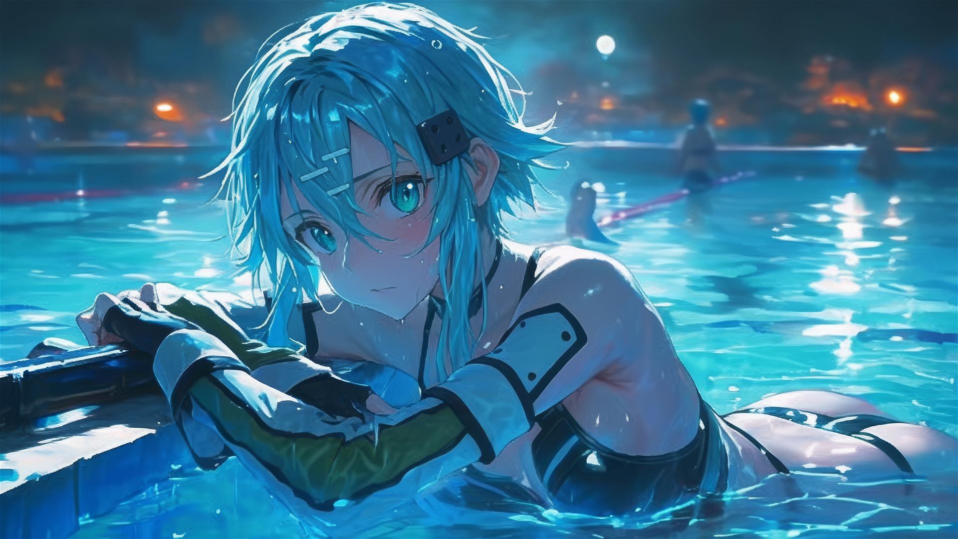 Sinon from SAO standing in a pool under moonlight, with green eyes