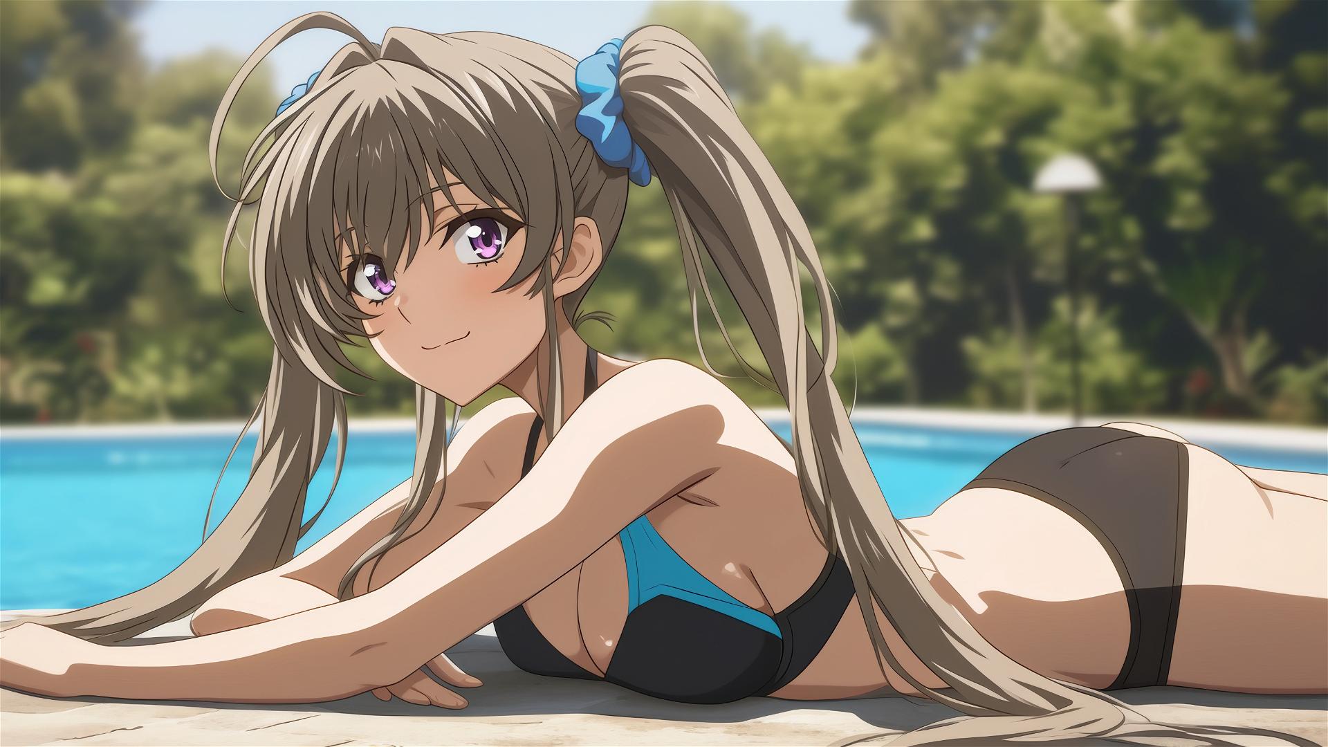 Irina Shidou resting by pool under moonlight, violet eyes, twintails