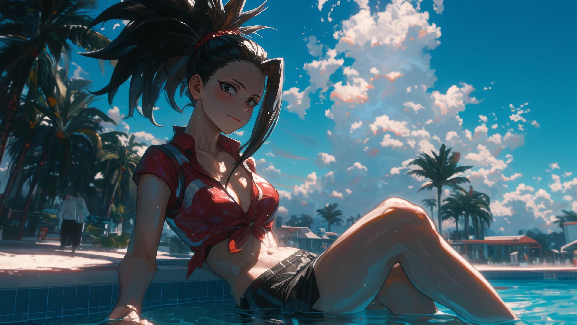 Momo Yaoyorozu resting by pool under moonlight