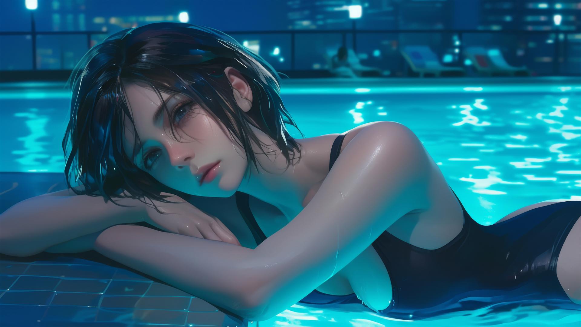 Mikasa Ackerman resting by pool under moonlight