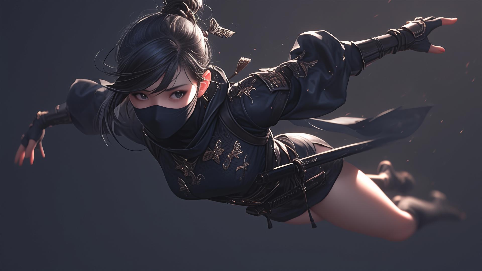 Ninja girl with short hair in a dynamic pose highlighting thigh, dark mask, spotlight effect
