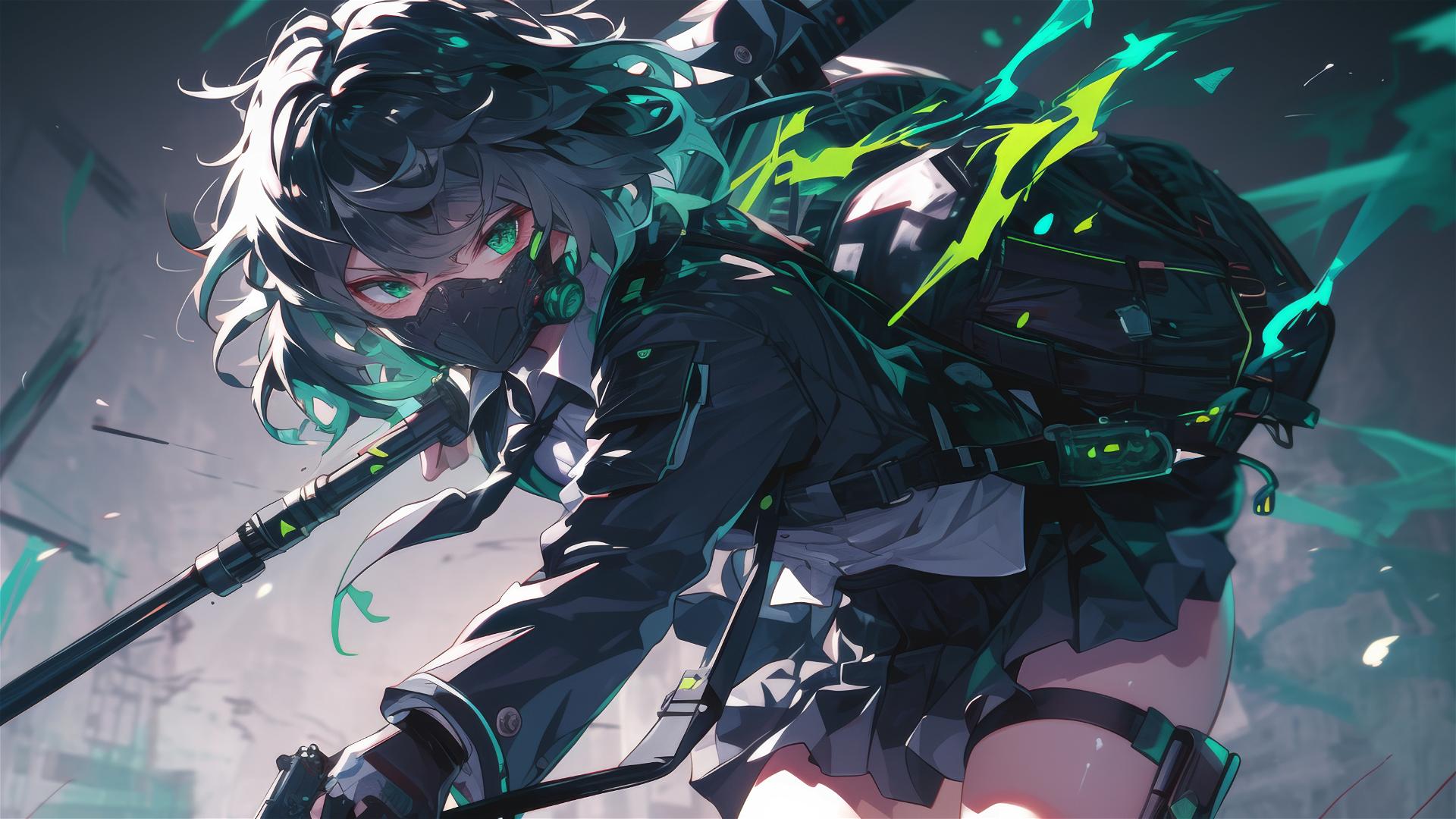 Tactical school girl with a dark mask, short hair, dynamic pose focusing on thigh under a spotlight.
