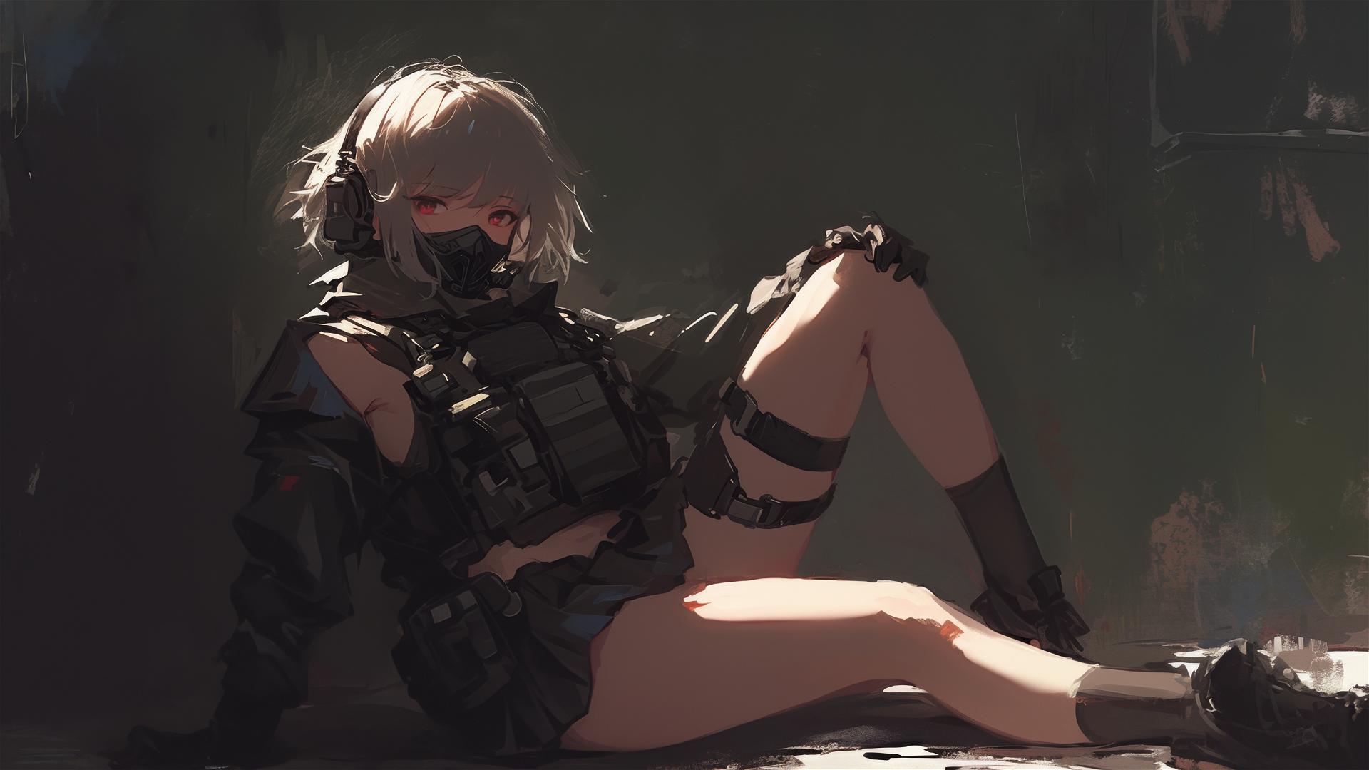 Tactical school girl with a mask, short hair in a dynamic thigh-highlight pose on dark background with spotlight effect