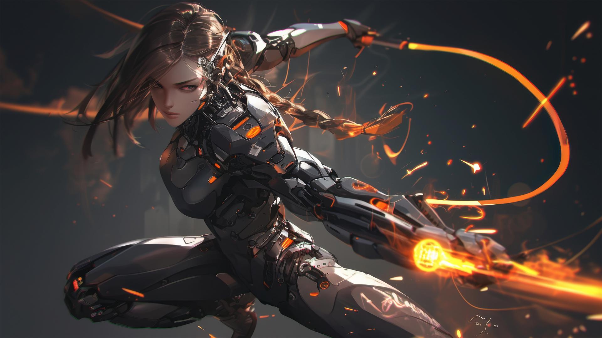 Cybernetic Agent Girl in dynamic pose with thigh focus on dark background