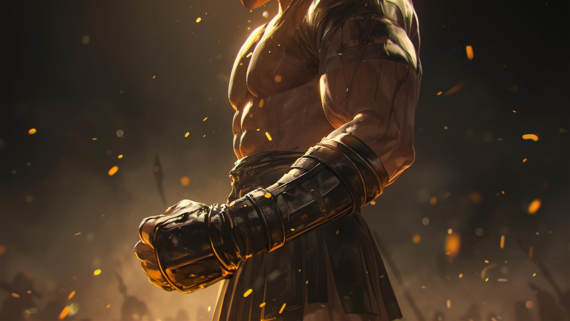 Gladiator warrior with a spotlight effect against a dark background, focusing on thighs