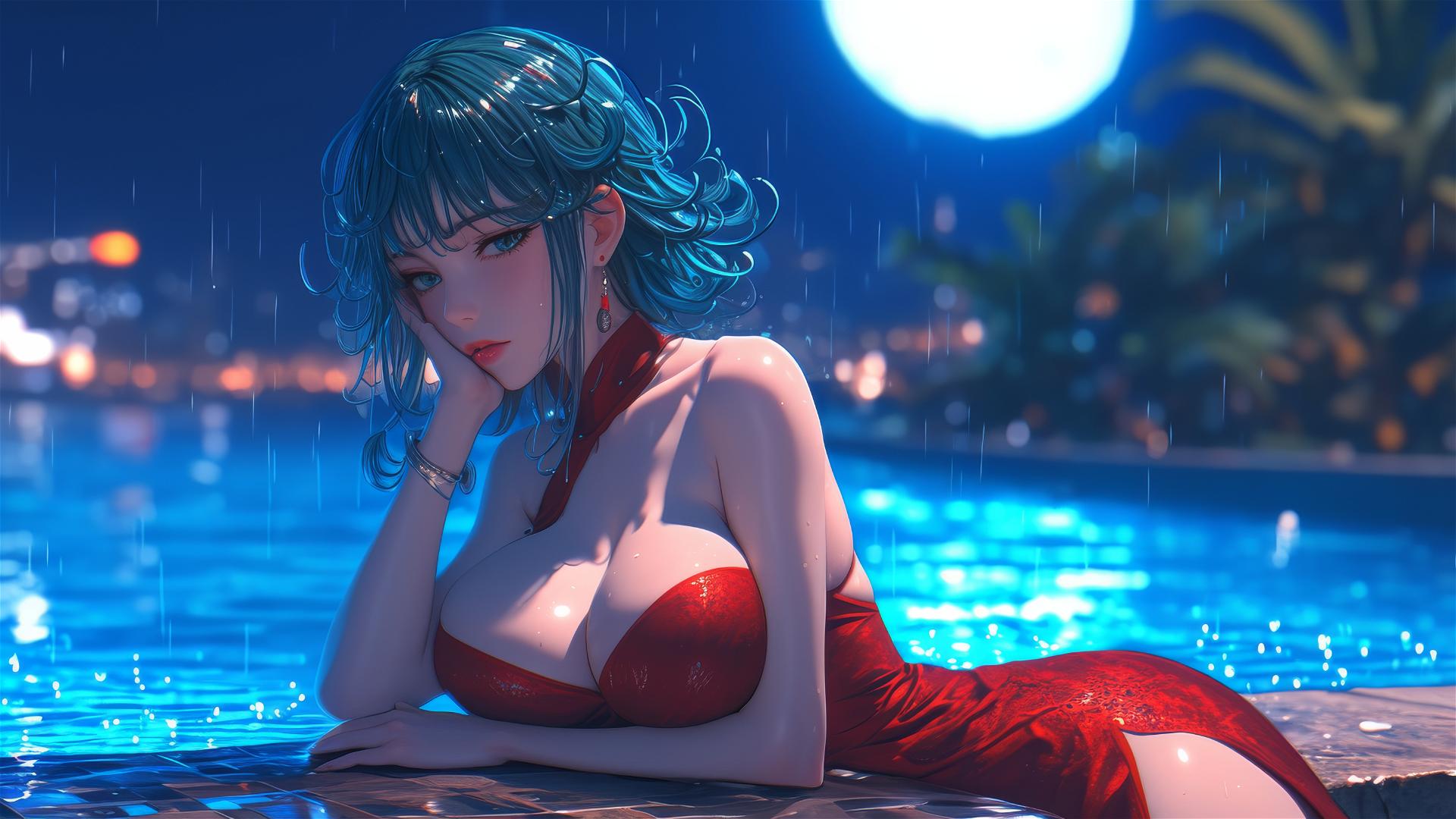 Tatsumaki from One-Punch Man resting by pool under moonlight, in red dress, rainy ambiance