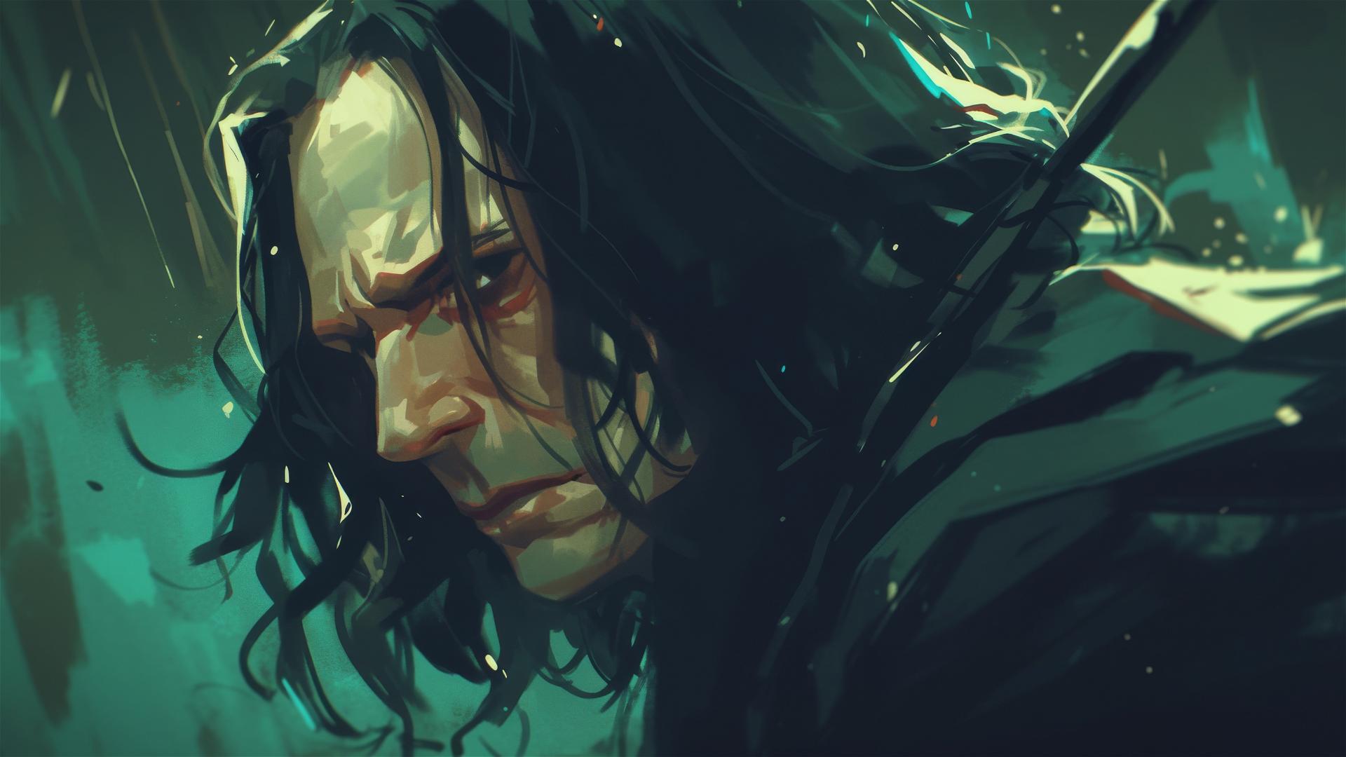 Artistic illustration of Severus Snape with a dark background
