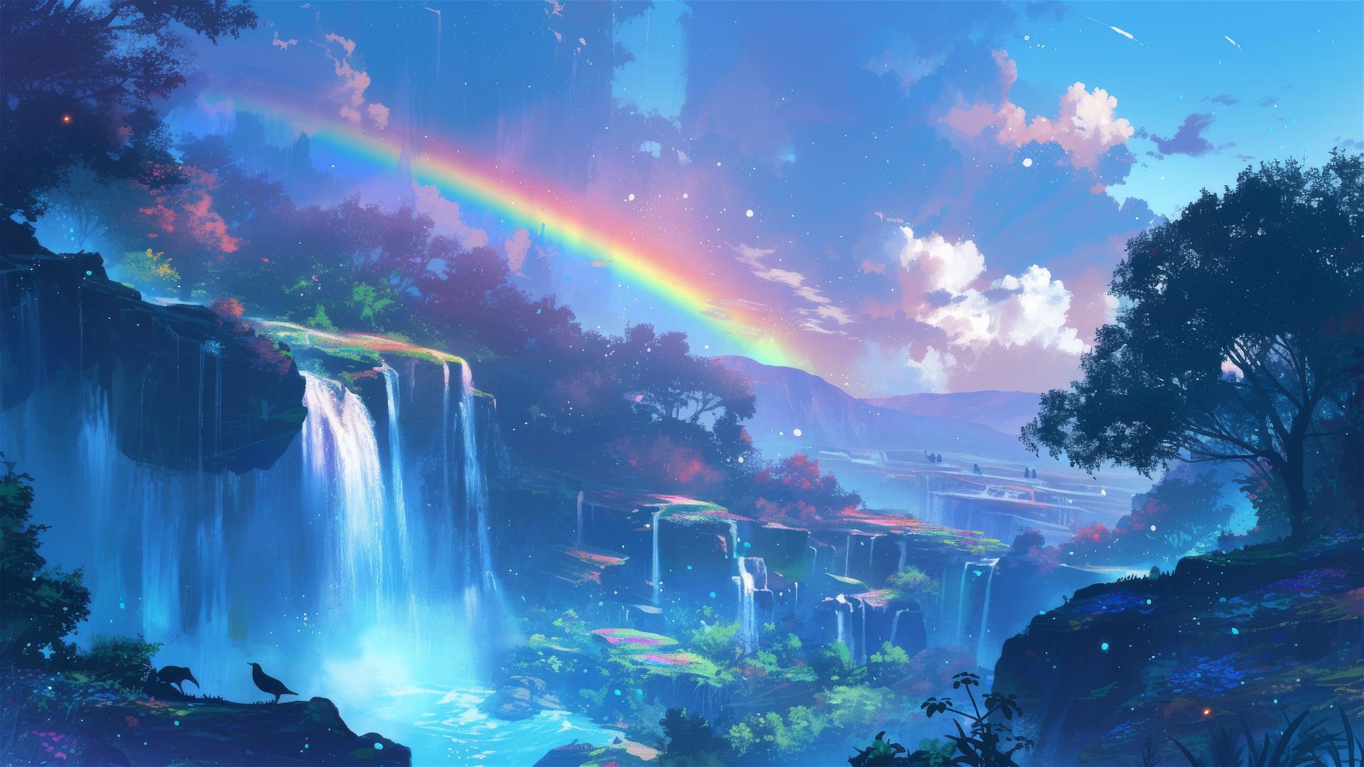 Rainbow at night over waterfall with moonlight spectrum