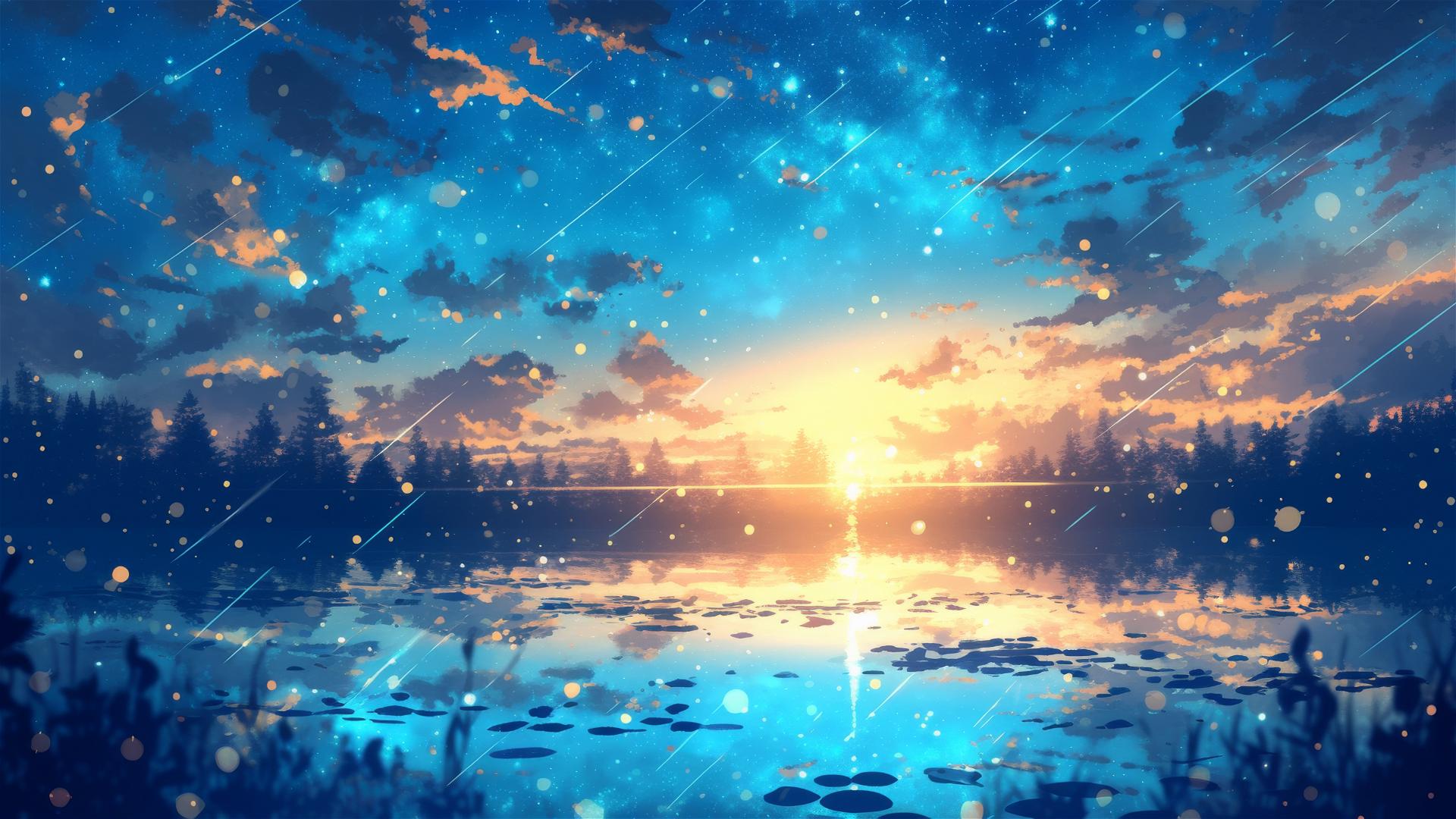 Starfall showers over a tranquil lake with starry reflections