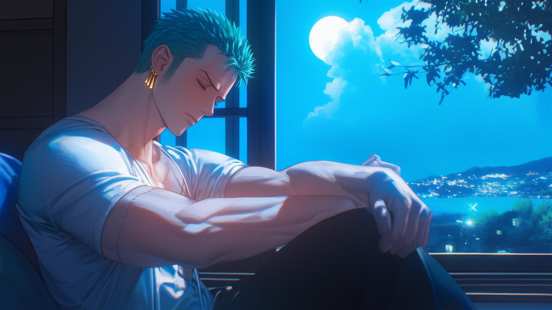 Roronoa Zoro resting in apartment under moonlight