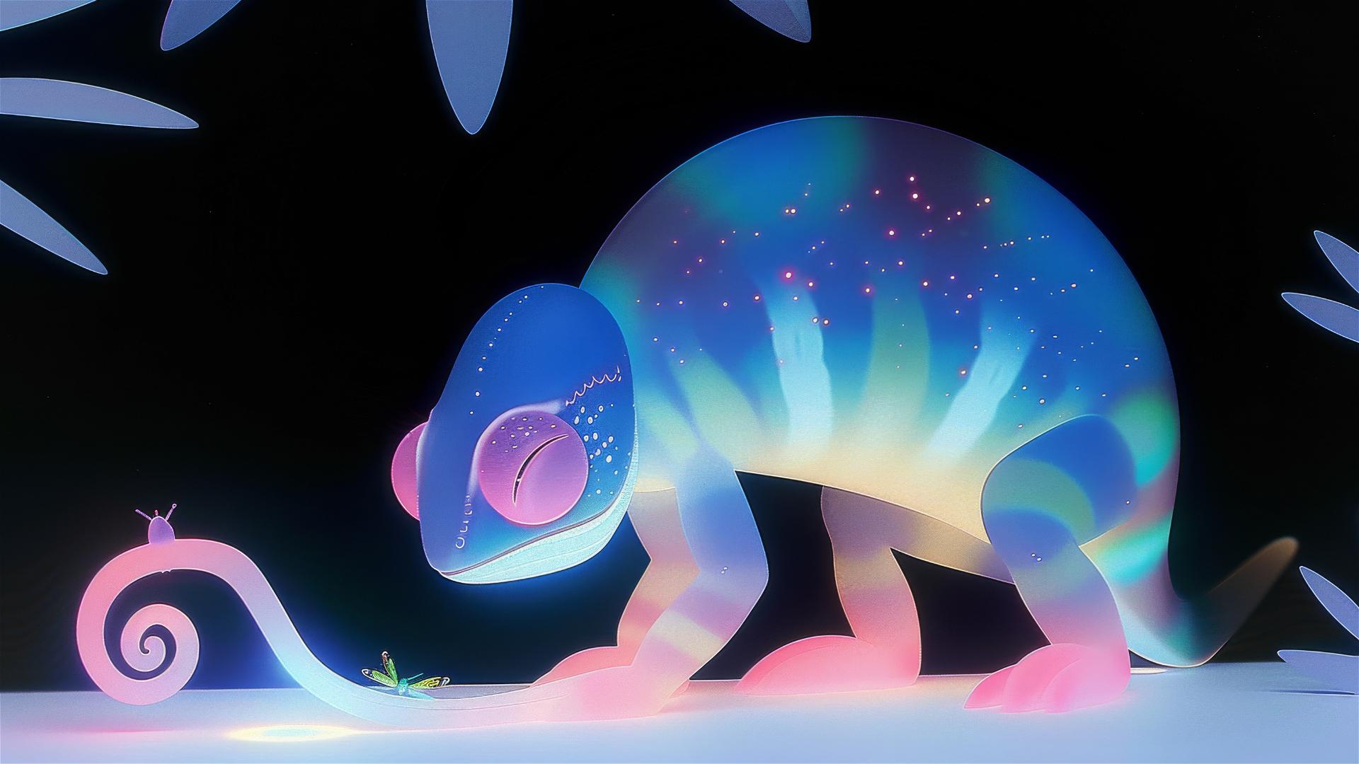 Large crystalline chameleon emitting faint light observing a luminescent firefly on its tail, in a medium closeup view