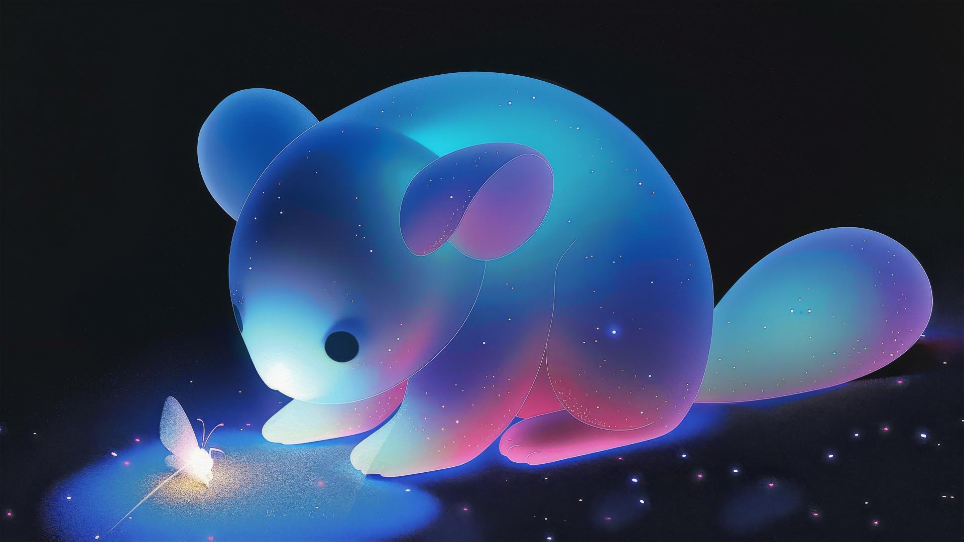 Giant crystal hamster gently examining a tiny luminescent firefly on its paw