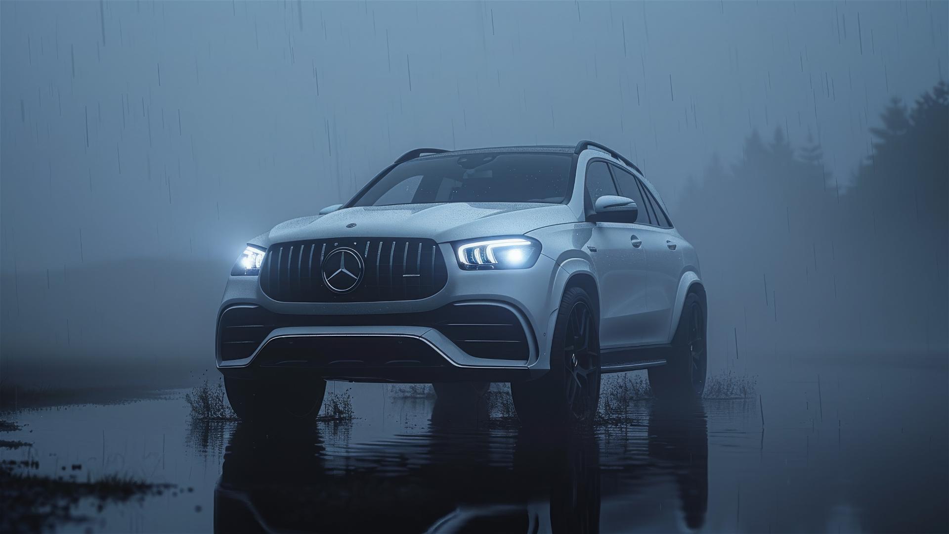 Mercedes-Benz GLE in dim lighting with Gothic gloom, Foggy photorealistic closeup view