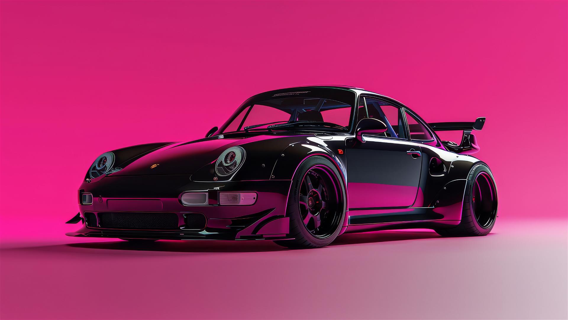 black Porsche 993 Turbo with RWB body kit on pink futuristic background