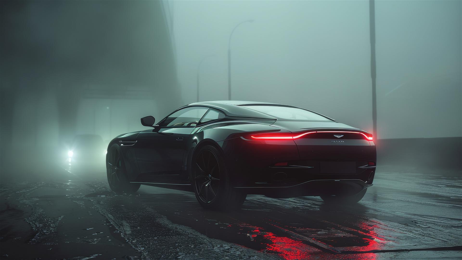 Gothic gloomy Aston Martin DB11 in dim lighting and fog