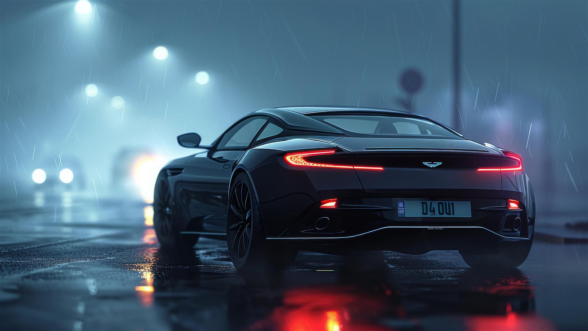 Aston Martin DB11 in dim gothic lighting with fog, closeup view