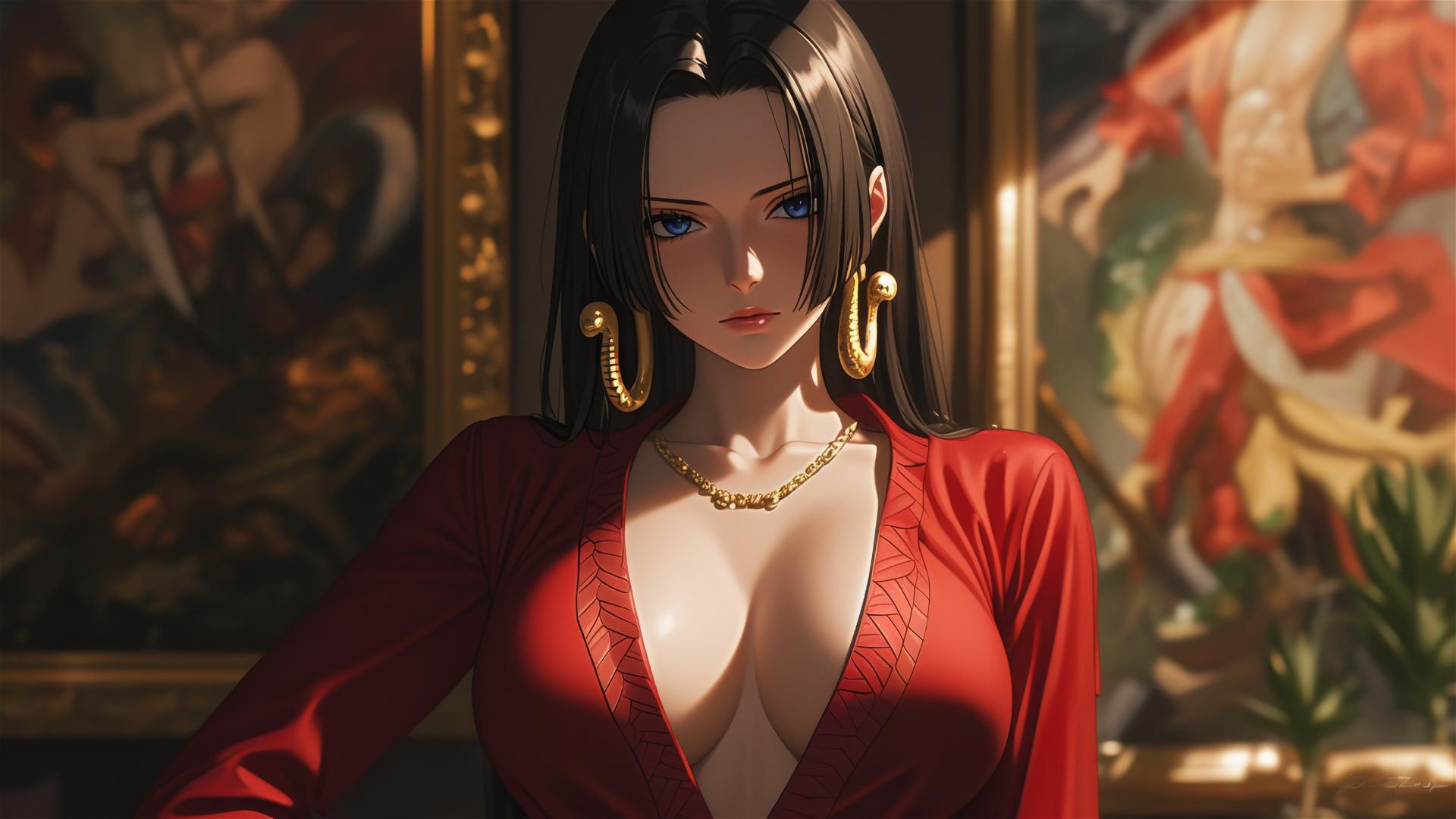 Boa Hancock from One Piece, strolling in an art gallery under gentle lighting