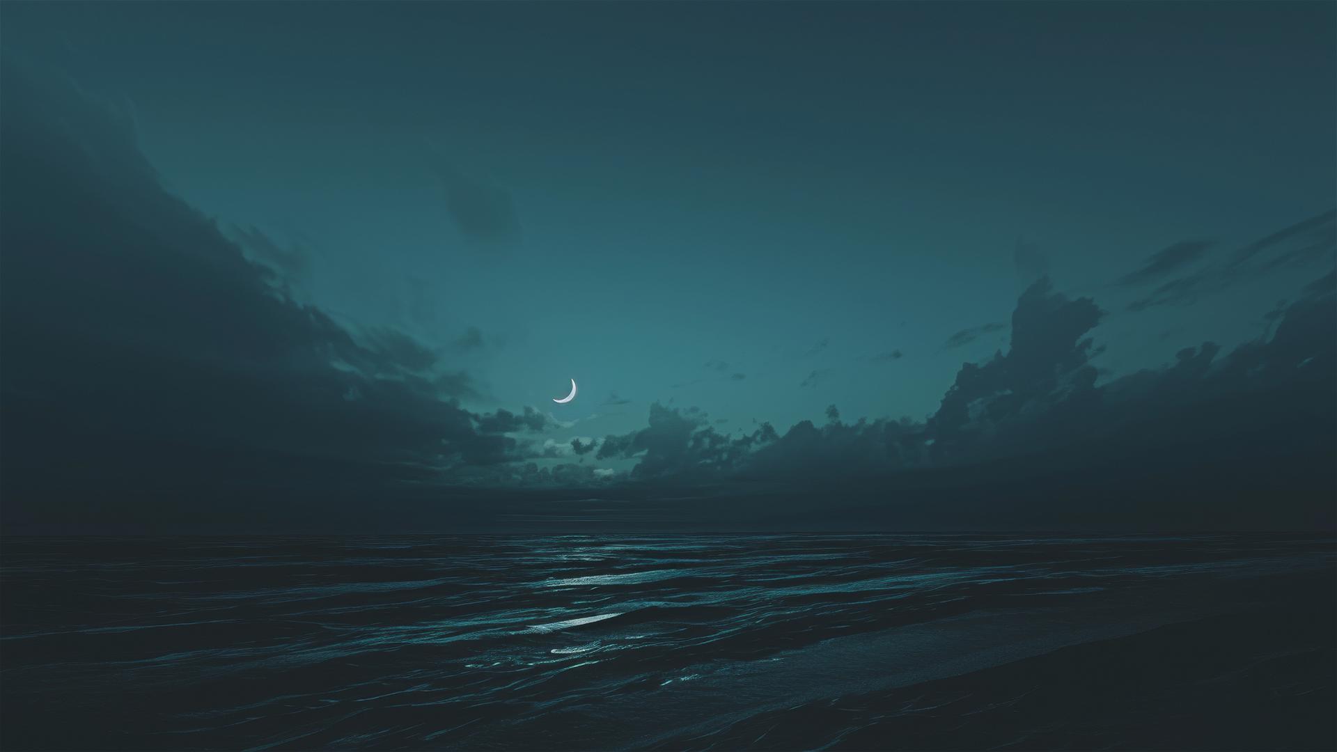 Dark ocean mirroring the night sky, undisturbed and infinite