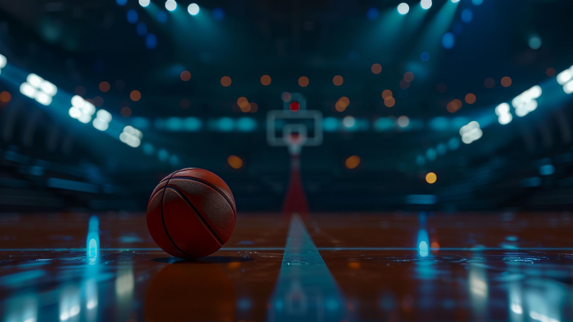 Hyper-realistic basketball on dark blue arena floor