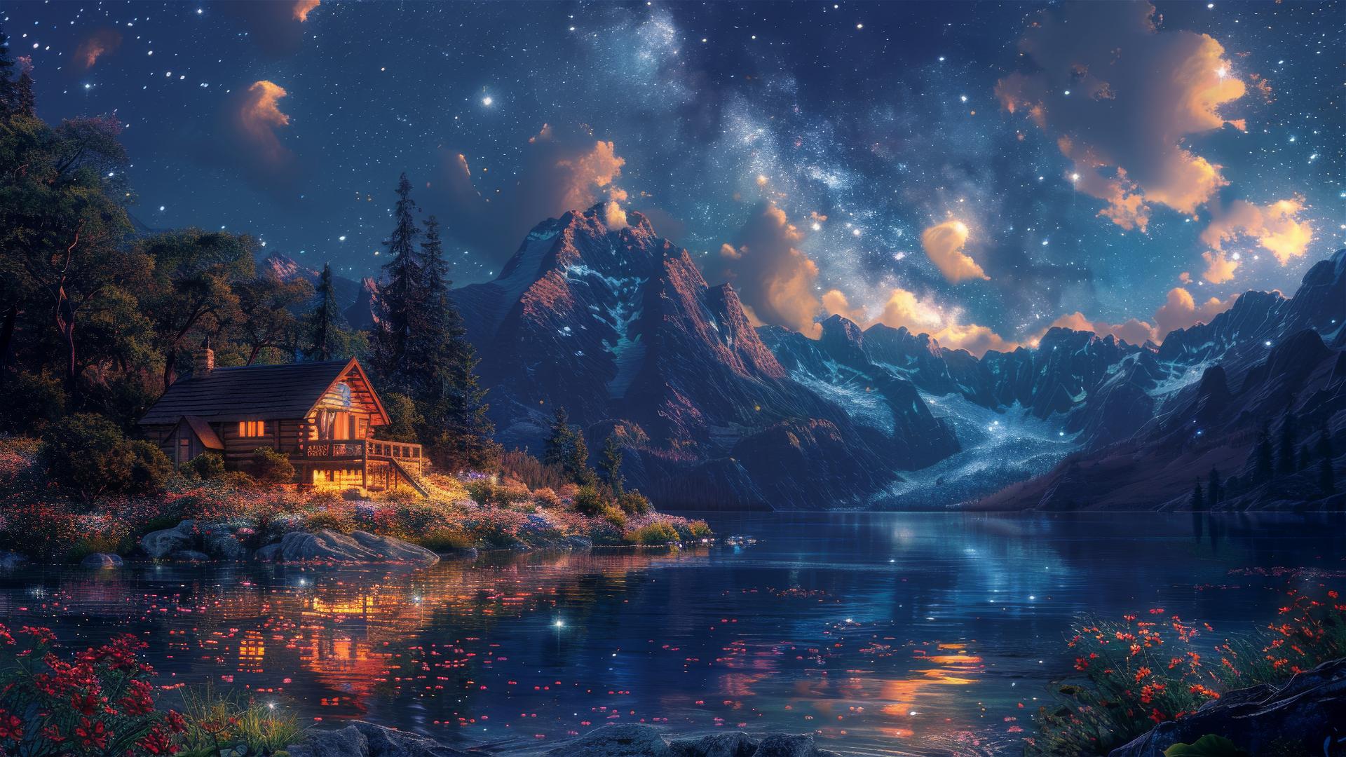 Cozy cabin by a floral lake under a starry night sky in hyper-detailed Sebation Pether style.
