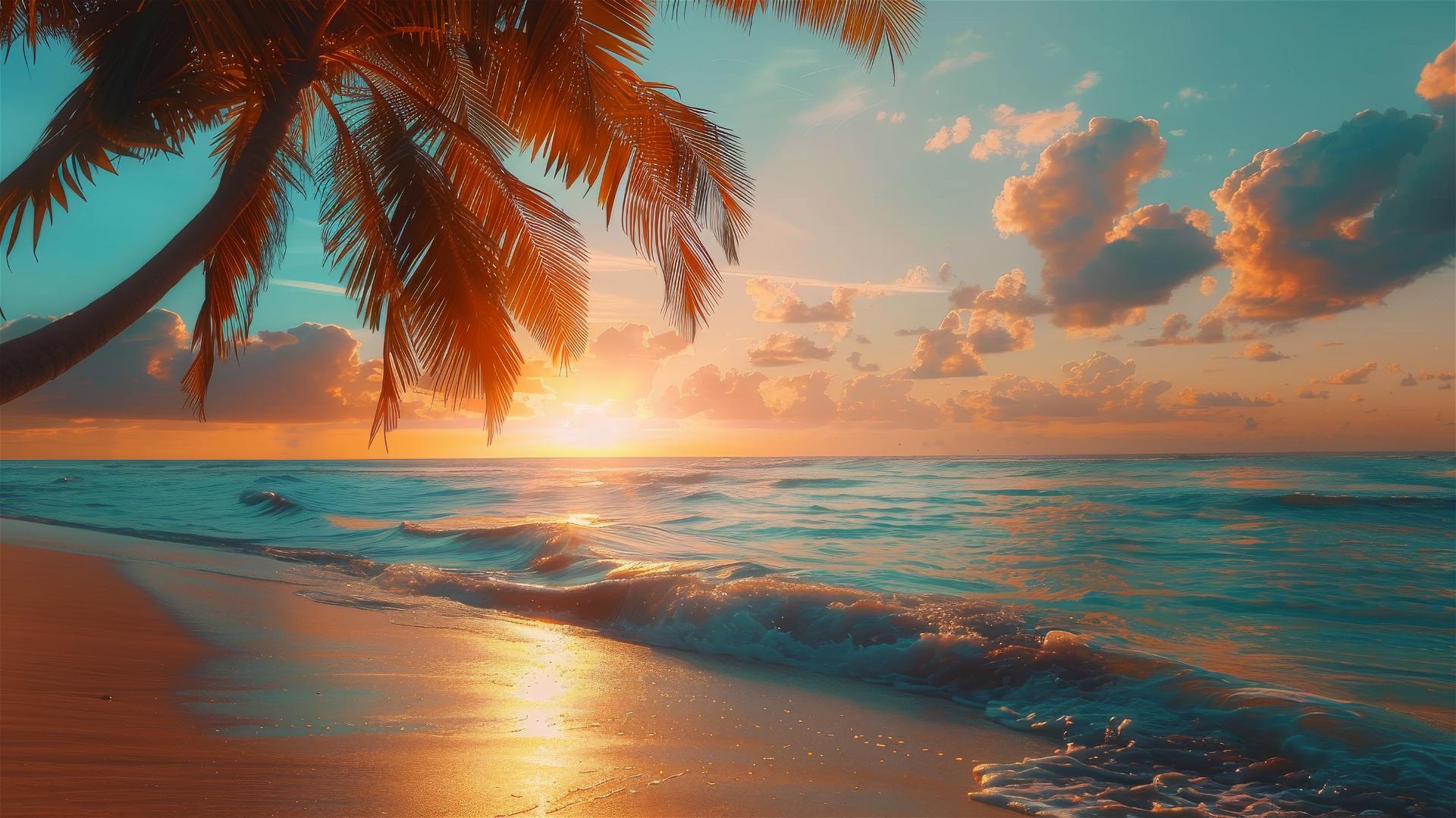 Colorful sunset over tranquil beach with swaying palm trees and turquoise water